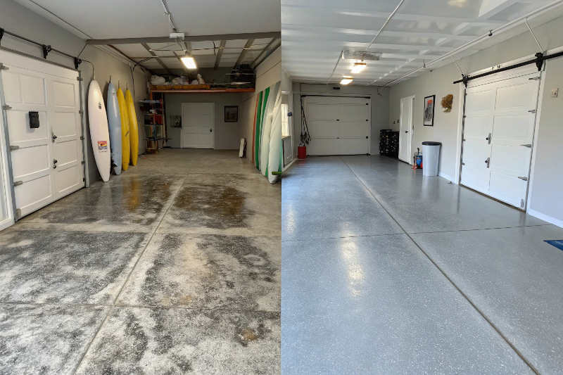 Before and after epoxy garage floor Gold Coast residential installation showing stained concrete transformed to metallic epoxy
