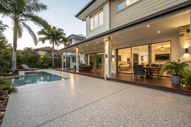 Gold Coast coastal home with decorative epoxy patio flooring and pool area slip-resistant coating