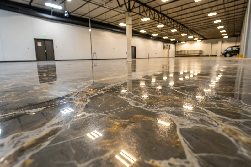 Metallic epoxy flooring Gold Coast close-up showing bronze copper shimmer effect and high gloss finish